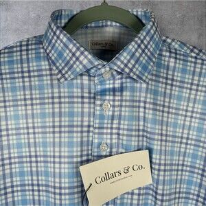 Collars & Co Polo Shirt Mens Large Blue Purple Plaid Dress Collar Office - NWT